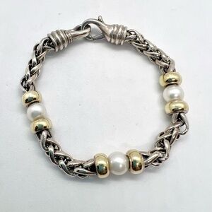 David Yurman 14k Yellow Gold & Sterling Silver Pearl Wheat Chain Bracelet